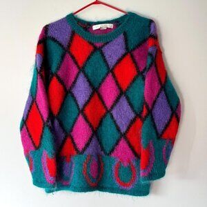 90s vintage colorful bold geometric check print plushy mohair wool knit sweater